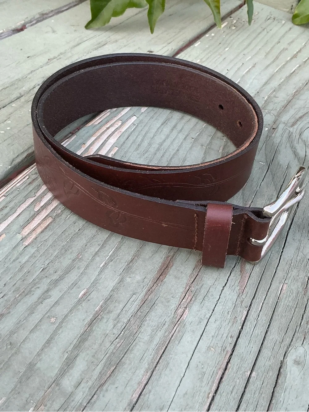 Brown Embossed Leather Belt with Floral Design